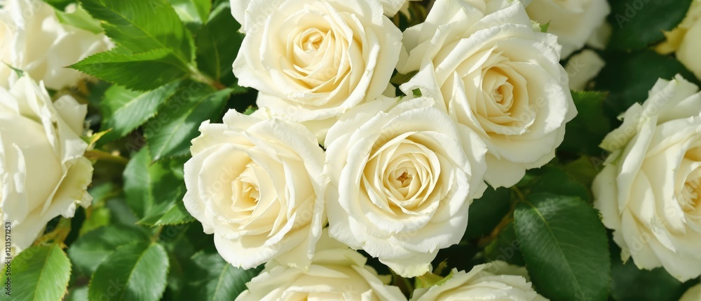 Fototapeta premium Bright white roses in a vertical photo with rich green leaves as a backdrop, lifelike, bouquet arrangement, botanic garden, fairy-tale setting, garden flowers