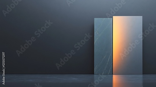 Warm light illuminates sleek glass panels against a dark background. AI Generated