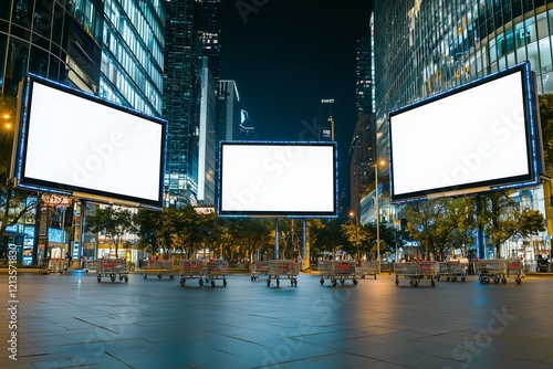 Night scene in city square with three illuminated digital billboards.