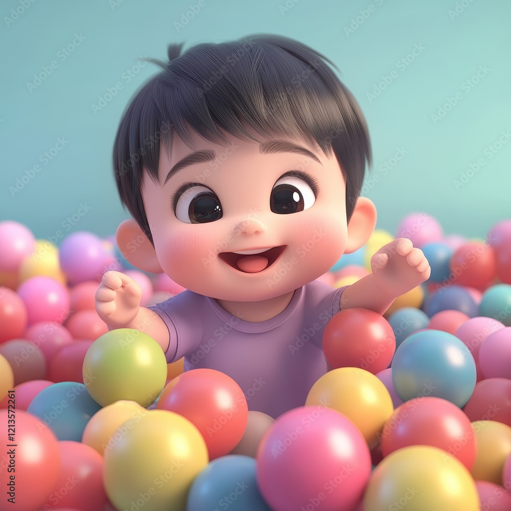 Adorable 3D Render of a Baby Boy Playing Joyfully in a Colorful Ball Pit Adorable 3D Render of a Baby Boy Playing Joyfully in a Colorful Ball Pit