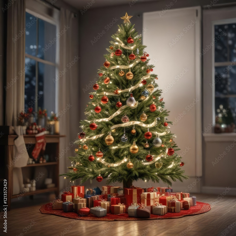 Christmas tree decorated with ornaments and lights, festive decor, joyful Christmas tree decorated with ornaments and lights, festive decor, joyful