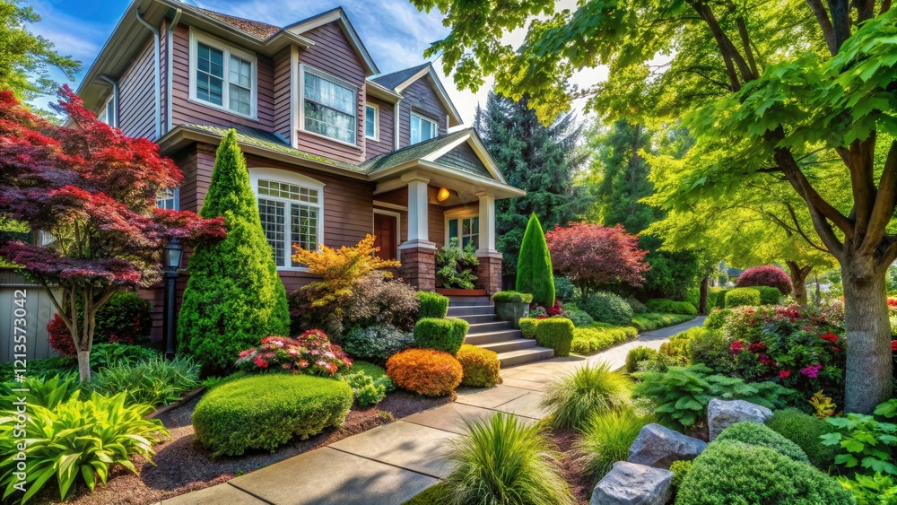 Beautifully Designed Front Yard with Lush Green Trees in Urban Exploration Photography Beautifully Designed Front Yard with Lush Green Trees in Urban Exploration Photography