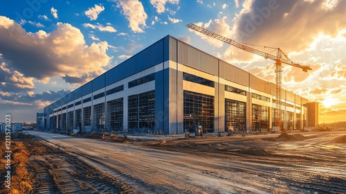 Modern warehouse under construction at sunset.