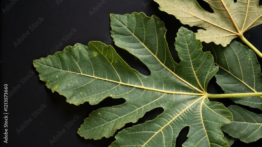 Close-up of dried green fig leaf edges with frayed ends on black background, leaf anatomy, nature study, macro photography Close-up of dried green fig leaf edges with frayed ends on black background, leaf anatomy, nature study, macro photography