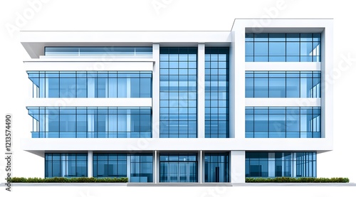 Modern Glass Office Building with White Facade and Blue Windows, Isolated on White Background