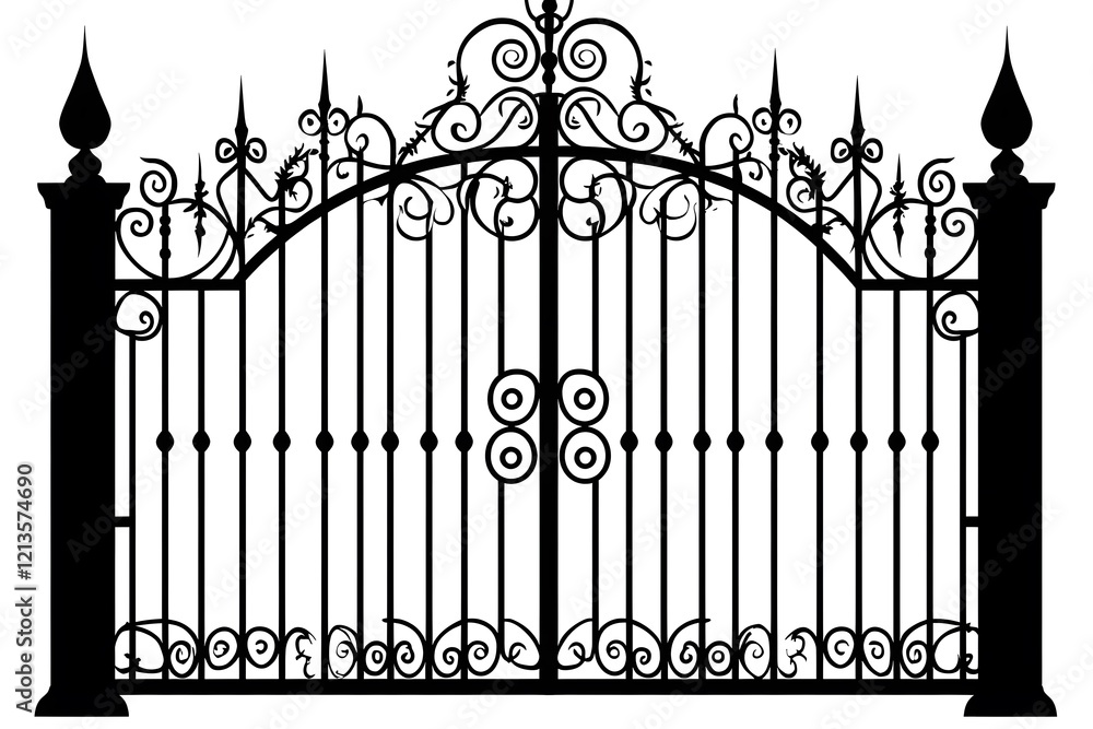 Ornate Wrought Iron Gate with Decorative Scrollwork, Isolated on White Background Ornate Wrought Iron Gate with Decorative Scrollwork, Isolated on White Background