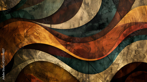 Abstract waves in warm colors create a dynamic, textured background.