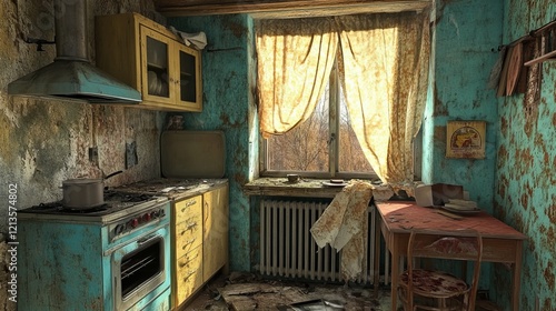 Abandoned old russian, ukrainian rural house with oven, dirty cupboard and table, torn curtains on the window. Vector cartoon illustration of empty wooden room, traditional russian kitchen with stove