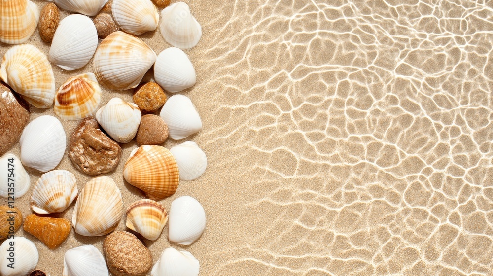 Seashells on Sandy Beach with Clear Shallow Water, Summer Vacation Theme Seashells on Sandy Beach with Clear Shallow Water, Summer Vacation Theme