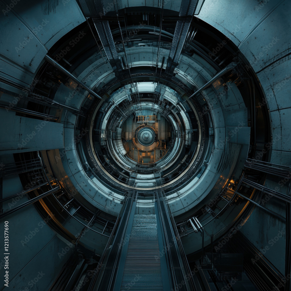 Fototapeta premium Spiral Staircase Leading to the Sky in a Dark Tunnel with Abstract Architectural Elements