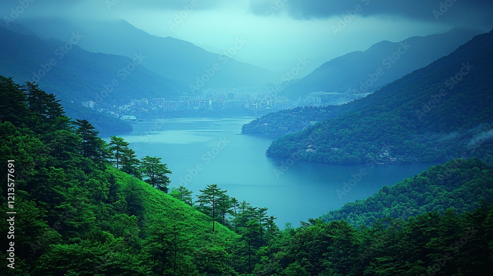 A lush green hillside gently sloping towards a city in the background, showcasing the contrast between nature and urban life in a peaceful landscape. A lush green hillside gently sloping towards a city in the background, showcasing the contrast between nature and urban life in a peaceful landscape.