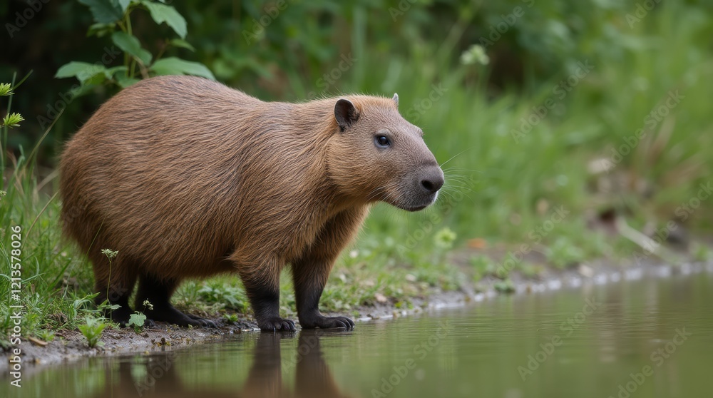 Capybara by the Tranquil Water's Edge: A Serene Moment in Nature's Embrace Capybara by the Tranquil Water's Edge: A Serene Moment in Nature's Embrace