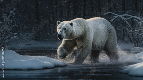 Majestic Polar Bear Navigating a Snowy Stream in a Wintery Forest Landscape photo