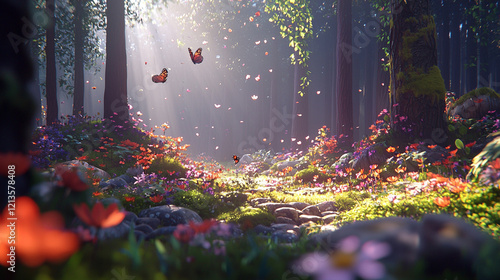 Fototapeta Naklejka Na Ścianę i Meble -  Sunlit forest path with colorful flowers and butterflies.