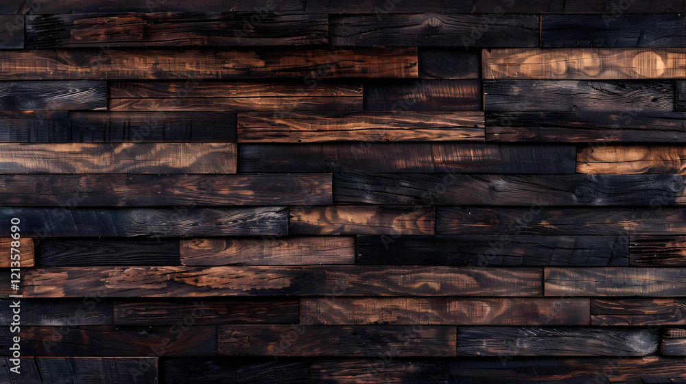 A textured wooden wall featuring dark, charred planks arranged in a pattern. A textured wooden wall featuring dark, charred planks arranged in a pattern.