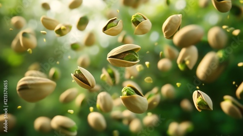 pistachios in midair, highlighting their organic, healthful qualities. For snack branding or health food ads, the close-up brings out the brilliant green nuts and cracked shells