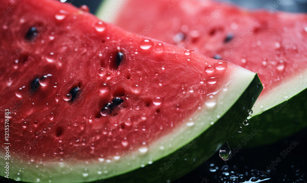 A Close-Up of Watermelon with Sparkling Droplets Reflecting Its Natural Freshness and Summertime Harvest A Close-Up of Watermelon with Sparkling Droplets Reflecting Its Natural Freshness and Summertime Harvest