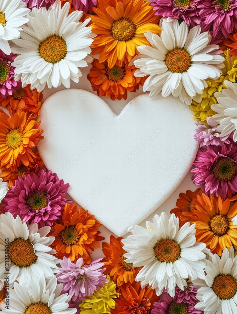 Fototapeta premium A Heart of Flowers: A delicate white heart shape rests nestled within a vibrant frame of blooming daisies and chrysanthemums, evoking a sense of love, joy, and beauty. 