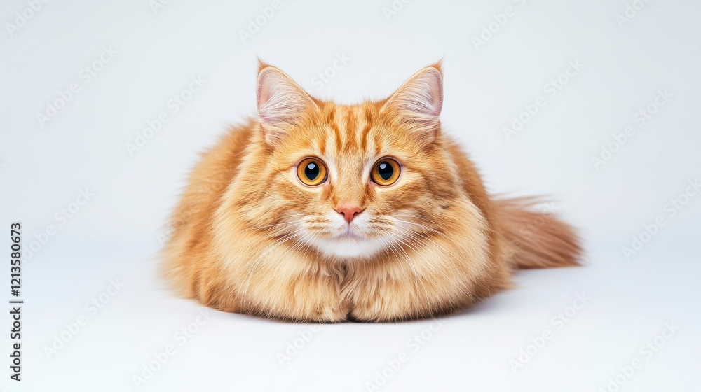 Adorable Ginger Cat with Long Fluffy Fur Posing on White Background Adorable Ginger Cat with Long Fluffy Fur Posing on White Background