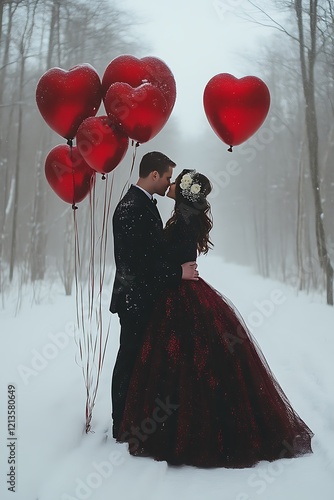 Couple kissing in snowy woods with red heart balloons.