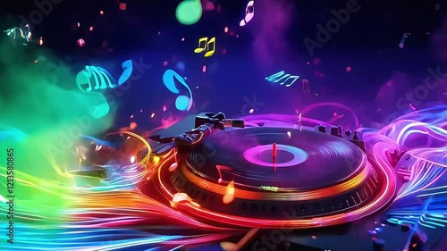 DJ party flyer background with vinyl records, turntables, and a retro disco vibe