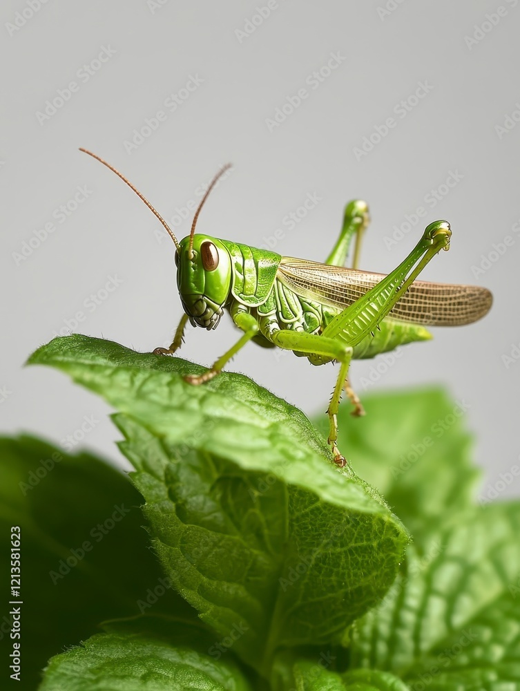Vibrant Green Grasshopper on Lush Green Leaf Close-up Macro Photography Vibrant Green Grasshopper on Lush Green Leaf Close-up Macro Photography