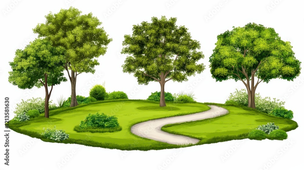Fototapeta premium Tranquil Green Landscape with Winding Path and Lush Trees: An Idyllic Nature Illustration