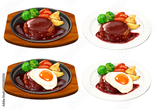 ベクター　ハンバーグステーキとサイドディッシュ 目玉焼き　野菜　肉料理