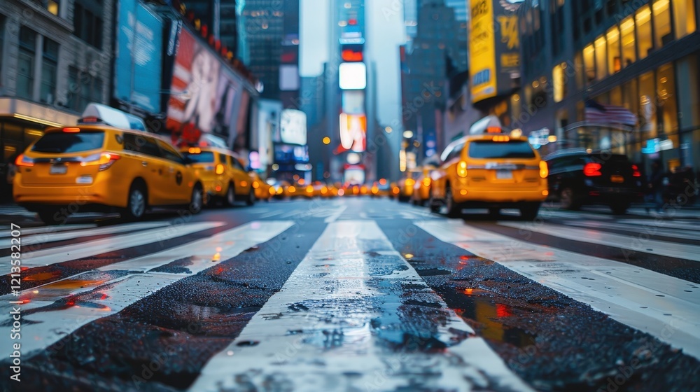 A Dazzling Crosswalk Scene in the Heart of a Vibrant City Filled with Yellow Taxis and Colors A Dazzling Crosswalk Scene in the Heart of a Vibrant City Filled with Yellow Taxis and Colors