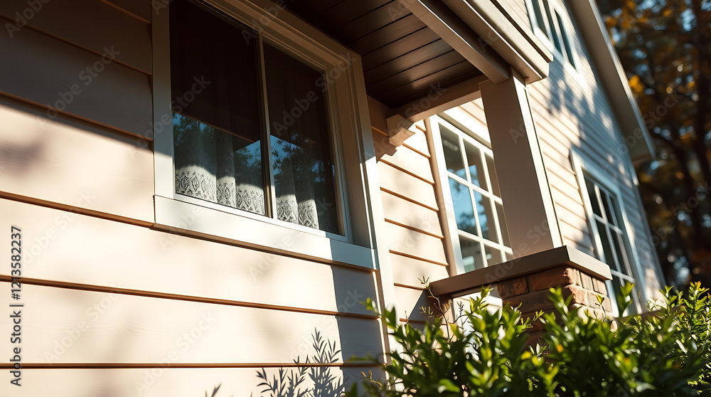 Captivating View of a House Exterior: Sunlight Illuminates the Peach-Colored Walls and White-Framed Windows, Showcasing the Home's Architectural Charm and Landscaping Captivating View of a House Exterior: Sunlight Illuminates the Peach-Colored Walls and White-Framed Windows, Showcasing the Home's Architectural Charm and Landscaping