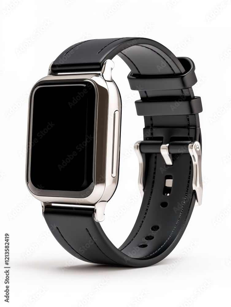 Sleek Smartwatch with Black Silicone Band and Silver Frame on White Background Sleek Smartwatch with Black Silicone Band and Silver Frame on White Background