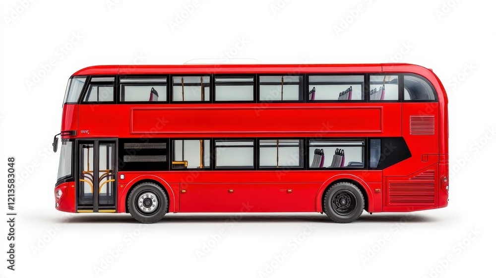 Classic Red Double-Decker Bus Model on White Background: Detailed Profile View Classic Red Double-Decker Bus Model on White Background: Detailed Profile View