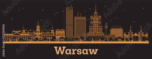 Outline Warsaw Poland City Skyline with orange Buildings. Business Travel and Concept with Modern Architecture. Warsaw Cityscape with Landmarks.