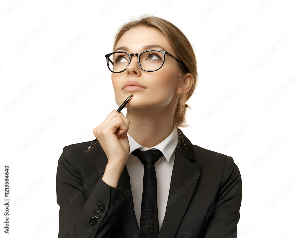 Thoughtful businesswoman in black suit and glasses pensively looking upward, contemplating ideas or strategies Thoughtful businesswoman in black suit and glasses pensively looking upward, contemplating ideas or strategies