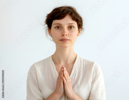 Young woman with short brown hair meditating with hands clasped in prayer, a serene expression on her face, conveying mindfulness, inner peace, and spiritual connection 