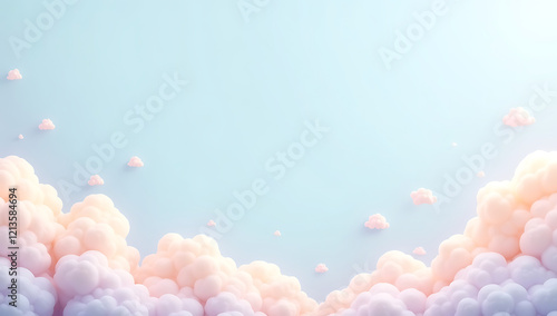 A 2D pastel cloud frame with soft, overlapping puffy shapes, drifting gently in a dynamic loop against a pale blue sky background