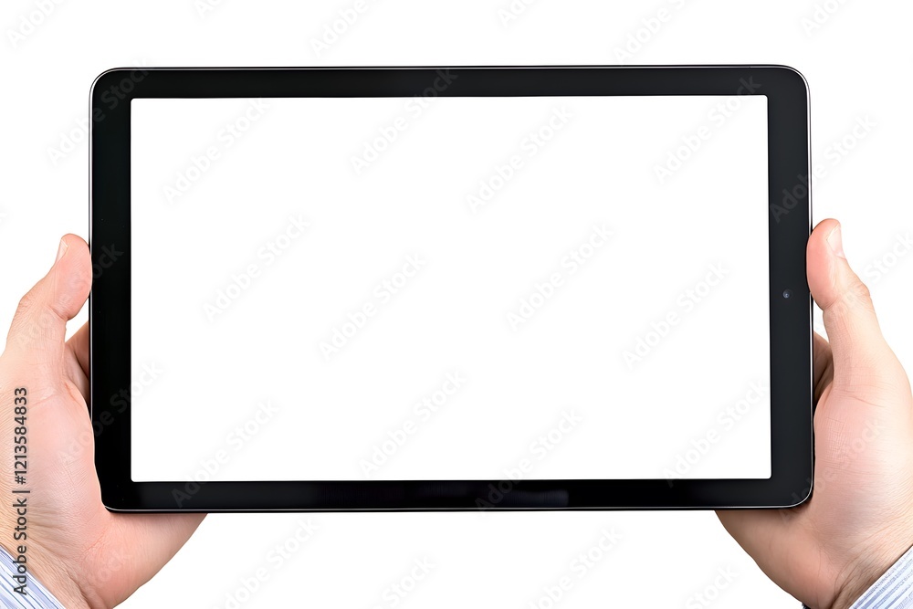 Hands holding a tablet with blank white screen isolated on white background Hands holding a tablet with blank white screen isolated on white background