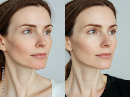 before and after subtle acne pimple skin treatment, hormonal woman in 30s face in splitscreen photo