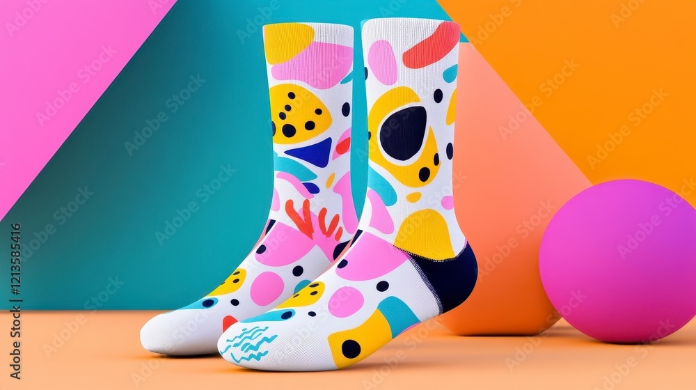 Colorful Patterned Socks on Vibrant Background with Playful Elements Colorful Patterned Socks on Vibrant Background with Playful Elements
