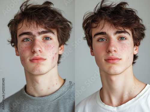 before and after acne pimple skin treatment, young teen adolescent male face in splitscreen photo