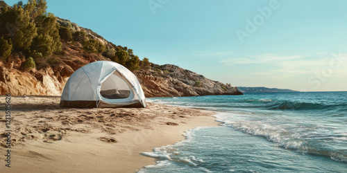 Fototapeta Naklejka Na Ścianę i Meble -  Glamping tent standing on sandy beach by the sea