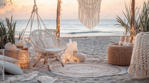 Cozy boho beach setup with rattan furniture and macrame decor at sunset