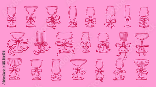 Valentine day cocktail hand drawn set. Vector coquettish ribbon bow, wine glass wedding celebration beverage. Line art cocktail event invitation illustration.