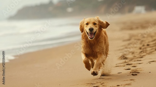 Happy golden retriever running on beach, joyful