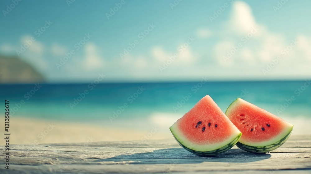 Two watermelon slices on wooden surface with beach in background Two watermelon slices on wooden surface with beach in background