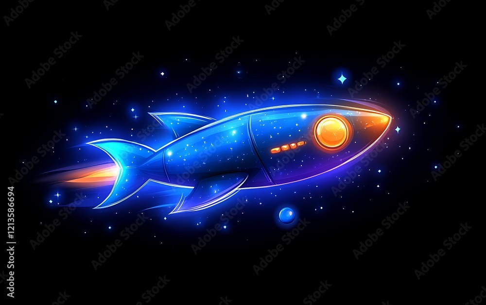 Glowing blue rocket soaring through space. Glowing blue rocket soaring through space.