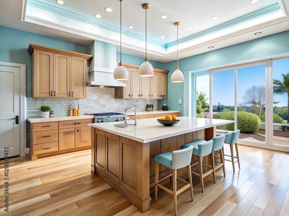 Minimalist Kitchen Design: Sky Blue Walls, Light Wood Cabinets, Marble Island Minimalist Kitchen Design: Sky Blue Walls, Light Wood Cabinets, Marble Island