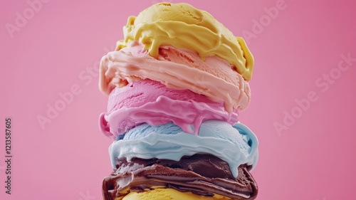 Wallpaper Mural Five scoops of various colorful ice cream on cone, photographed against pink background Torontodigital.ca