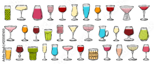 Hand drawn cocktails vector illustration set. Doodle collection drinks icons for logo design, banners, poster design, greeting cards, bar menu, wedding invitations. Simple drinks silhouettes