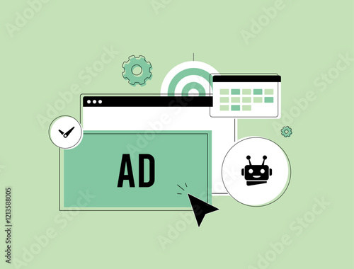 AI ad scheduling illustration featuring AI-powered advertising tools, campaign builders, marketing solutions, automated ad placement, intelligent scheduling, and digital advertising assistants